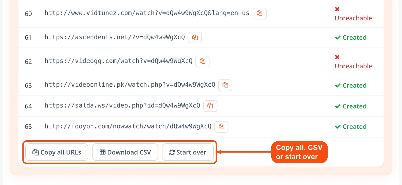 Copy all, CSV and start over buttons