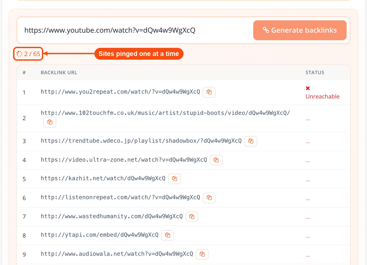 Progress counter as sites are pinged